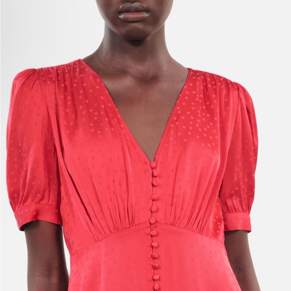 The Kooples Red Puff Sleeve V-Neck Midi Dress - Picture 3 of 8